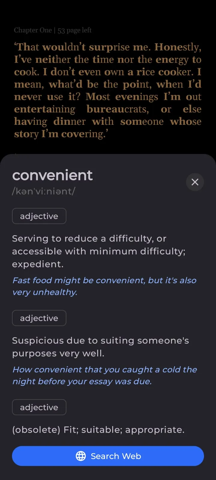 Dictionary sheet defining the word “convenient” over a page of text