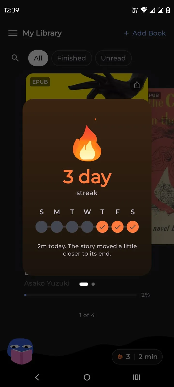Three day reading streak overlay with a week of markers